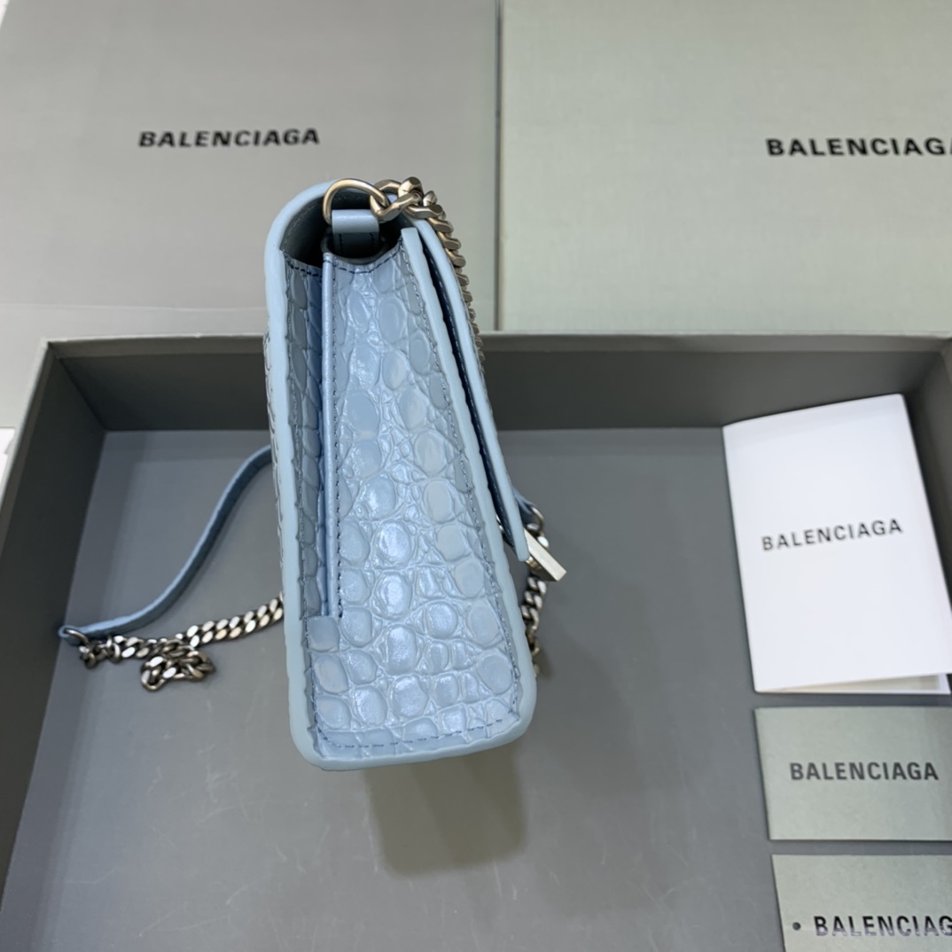 Balenciaga Big Hourglass Wallet With Chain Crocodile Embossed Shoulder Bag Light Blue